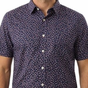 Paige Medium Navy Blue Abstract Print Short Sleeve Button Down Shirt Slim Fit SS